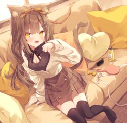  :d animal_ears black_thighhighs blush bow breasts brown_bow brown_hair brown_shirt brown_skirt cat_ears cat_girl cat_tail cleavage cleavage_cutout clothing_cutout commentary_request couch female hair_brush hair_ornament hairbow hairclip hand_mirror hand_up heart heart-shaped_pillow highres hoshi_(snacherubi) indoors jacket long_hair long_sleeves looking_at_viewer medium_breasts miniskirt mirror on_couch original paw_pose pillow plaid plaid_skirt puffy_long_sleeves puffy_sleeves shirt skirt sleeveless sleeveless_shirt sleeves_past_wrists smile solo tail thighhighs very_long_hair white_jacket yellow_eyes zettai_ryouiki 