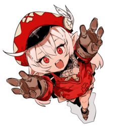  :d ahoge brown_footwear brown_gloves ddari dot_nose female from_above full_body genshin_impact gloves hands_up hat hat_feather highres jacket klee_(genshin_impact) long_sleeves looking_at_viewer open_mouth outstretched_arm peaked_cap pointy_ears red_eyes red_hat red_jacket round_teeth shoes simple_background smile solo teeth upper_teeth_only white_background white_hair 