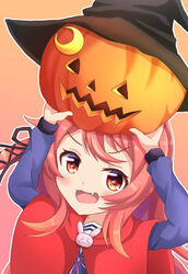  :d arms_up black_hat blue_shirt blush cloak commentary_request crescent_moon female hat hood hood_down hooded_cloak jack-o&#039;-lantern kantai_collection long_hair long_sleeves looking_at_viewer moon oerba_yun_fang red_cloak red_eyes red_hair shirt sills smile solo uzuki_(kancolle) v-shaped_eyebrows witch_hat 