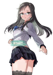  :o absurdres black_hair black_sailor_collar black_skirt blush breasts commentary_request english_text female from_behind glasses grey_eyes grey_thighhighs highres juusan_kihei_bouei_ken lace-trimmed_legwear lace_trim long_hair long_sleeves looking_at_viewer looking_back medium_breasts midriff parted_lips pizzasi pleated_skirt sailor_collar school_uniform serafuku shirt simple_background skirt solo thighhighs watermark white_background white_shirt yakushiji_megumi zettai_ryouiki 