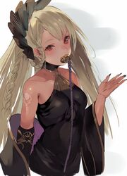  bad_id bad_twitter_id bare_shoulders black_dress black_nails blonde_hair braid breasts choker collarbone dark-skinned_female dark_skin dress female fingernails granblue_fantasy helel_ben_shalem highres long_fingernails long_hair long_sleeves looking_at_viewer magaeshi medium_breasts pacifier red_eyes slit_pupils solo very_long_hair wide_sleeves 