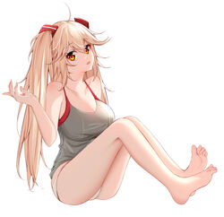  absurdres azur_lane barefoot blonde_hair bluecher_(azur_lane) breasts catnnn cleavage female from_side full_body grey_shirt highres large_breasts looking_at_viewer orange_eyes panties shirt simple_background sleeveless sleeveless_shirt soles toes twintails underwear white_background white_panties 