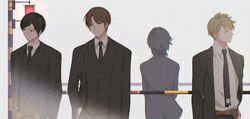  3boys black_eyes black_hair black_jacket black_necktie black_vest blonde_hair brown_hair closed_mouth collarbone collared_shirt facing_away female floating_hair formal frown hand_in_pocket hand_on_own_hip hatohara_mirai holster inukai_sumiharu jacket lineup looking_away looking_to_the_side md5_mismatch multiple_boys necktie ninomiya_masataka ninomiya_squad&#039;s_uniform parted_bangs photoshop_(medium) profile railroad_signal shirt short_hair sideways_glance simple_background smile suit swept_bangs traffic_light tsuji_shinnosuke upper_body vest white_shirt wind world_trigger yawai_tofu 