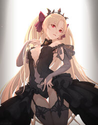  alternate_costume black_dress blonde_hair breasts chinese_commentary commentary_request dress earrings ereshkigal_(fate) fate/grand_order fate_(series) female hair_ribbon hoop_earrings jewelry long_hair looking_at_viewer medium_breasts parted_bangs parted_lips red_eyes ribbon solo tenshin_kagehisa tiara two_side_up 