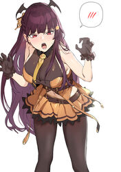  absurdres banssee bare_shoulders bat_wings between_breasts black_gloves black_headband black_pantyhose blunt_bangs blush breasts bullpup claw_pose cleavage commentary embarrassed female frilled_gloves frilled_skirt frills girls&#039;_frontline gloves gun hair_ribbon halloween halloween_costume head_wings headband highres korean_commentary large_breasts long_hair midriff necktie official_alternate_costume open_mouth orange_skirt pantyhose purple_hair red_eyes ribbon rifle simple_background skirt sniper_rifle solo sweat teeth thighs wa2000_(girls&#039;_frontline) wa2000_(haunted_castle)_(girls&#039;_frontline) walther walther_wa_2000 weapon white_background wings 