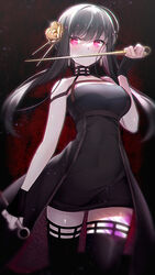  artificial_flower bare_shoulders black_dress black_hair black_thighhighs blood blood_on_leg blush breasts cleavage covered_navel cowboy_shot dress dual_wielding earrings female flower hair_flower hair_ornament hand_up highres holding holding_weapon jewelry large_breasts looking_at_viewer maronie. pink_eyes purple_blood red_background short_hair_with_long_locks sidelocks sleeveless sleeveless_dress solo spy_x_family thighhighs waist_cape weapon yor_briar zettai_ryouiki 