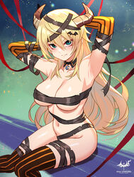  aqua_eyes armpits arms_behind_head bandages blonde_hair breasts cleavage detached_collar elbow_gloves eyeliner female gloves highres horns long_hair looking_at_viewer makeup navel original revealing_clothes sitting smile solo striped_clothes striped_thighhighs thighhighs vertical-striped_clothes vertical-striped_thighhighs wolksheep 