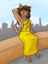  2008 alan_foreman anthro black_nose blush bowman&#039;s_wolf brown_body brown_fur brown_hair canid canine canis clothed clothing dress female florence_ambrose freefall_(webcomic) fur gold_(metal) hair mammal red_wolf sitting solo wolf 