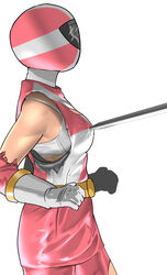  belt bodysuit bra breasts female gloves go_pink helmet highres kyuukyuu_sentai_gogofive mask mugyaclan pantyhose poking sideboob simple_background solo super_sentai sword tokusatsu torn_clothes torn_pantyhose underwear weapon white_background white_bra 