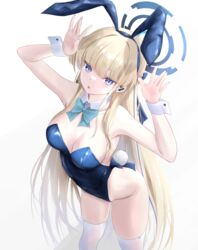  :o absurdres animal_ears blonde_hair blue_archive blue_bow blue_eyes blue_hairband blue_halo blue_leotard bow breasts detached_collar earrings fake_animal_ears fake_tail female hairband halo hands_up headset highleg highleg_leotard highres jewelry leaning_forward leotard long_hair medium_breasts microphone noa_(skae3323) official_alternate_costume official_alternate_hairstyle piercing playboy_bunny rabbit_ears rabbit_pose rabbit_tail solo strapless strapless_leotard stud_earrings tail thighhighs toki_(blue_archive) toki_(bunny)_(blue_archive) very_long_hair white_thighhighs wrist_cuffs 