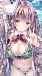  ass_visible_through_thighs blue_sky bra breasts brown_eyes brown_hair brown_jacket cellphone cleavage cloud collared_shirt commentary_request day female frilled_bra frills green_bra green_panties highres holding holding_phone jacket jirai_kei large_breasts looking_at_viewer navel open_clothes open_mouth open_shirt original outdoors panties phone roller_coaster ryo_(botugo) selfie shirt sidelocks sky smartphone smile solo standing two_side_up underwear v white_shirt 