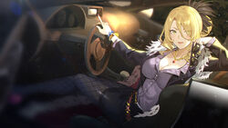  :d belt black_jacket black_pantyhose black_skirt blonde_hair blurry blush bracelet breasts car car_interior christina_(princess_connect!) christina_(real)_(princess_connect!) cleavage collared_shirt commentary depth_of_field dutch_angle eyes_visible_through_hair female from_side fur_shawl hair_between_eyes hair_over_one_eye hair_rings highres holding holding_removed_eyewear jacket jewelry large_breasts long_hair long_sleeves looking_at_viewer looking_to_the_side motor_vehicle nail_polish necktie open_clothes open_jacket open_mouth pantyhose pencil_skirt princess_connect! purple_shirt red_nails shawl shirt sitting skirt smile solo sparkle unworn_eyewear wulazula yellow_eyes 