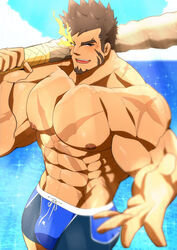  1boy abs bara beach beckoning blue_male_swimwear brown_hair bulge carrying_over_shoulder come_hither cowboy_shot cross_scar dark-skinned_male dark_skin facial_hair flaming_eye goatee heracles_(housamo) karakuraax large_pectorals looking_at_viewer male_focus male_swimwear mature_male muscular muscular_male mutton_chops navel nipples outdoors outstretched_hand over_shoulder pectorals reaching reaching_towards_viewer scar scar_on_chest short_hair sideburns smile solo sparkle_background stomach swim_briefs thick_eyebrows tokyo_afterschool_summoners v-taper water weapon weapon_over_shoulder 