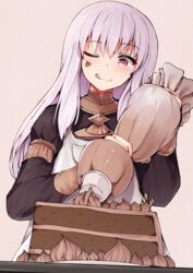  ;) ;p apron black_jacket blush cake commentary_request female fire_emblem fire_emblem:_three_houses food garreg_mach_monastery_uniform grey_background grey_hair highres holding icing jacket long_hair long_sleeves lysithea_von_ordelia one_eye_closed pink_eyes se-u-ra simple_background smile solo tongue tongue_out white_apron 