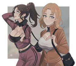  2girls alternate_costume alternate_hairstyle annette_fantine_dominic bag black_hair black_shirt blue_eyes breasts cleavage contemporary cowboy_shot dorothea_arnault english_commentary engrish_commentary fire_emblem fire_emblem:_three_houses handbag highres ihsnet jacket large_breasts long_hair long_sleeves looking_at_viewer midriff multiple_girls navel orange_hair orange_jacket pants ponytail purple_jacket purple_pants shirt smile standing white_shirt 