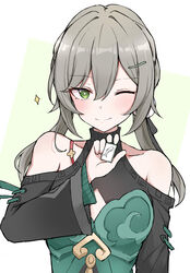  absurdres bare_shoulders blush brown_hair cleavage_cutout clothing_cutout dress female green_background green_dress green_eyes hair_between_eyes hair_ornament hairclip highres honkai:_star_rail honkai_(series) long_hair mango_(mgo) one_eye_closed qingque_(honkai:_star_rail) shoulder_cutout simple_background smile solo sparkle twintails upper_body 