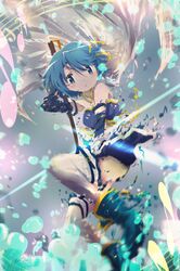  :o absurdres arm_up bad_id bad_twitter_id bare_shoulders blue_background blue_eyes blue_hair blue_skirt blush boots clothes_lift dot_nose dress female fortissimo gloves hair_ornament hairclip highres looking_at_viewer looking_to_the_side magical_girl mahou_shoujo_madoka_magica mahou_shoujo_madoka_magica_(anime) mahou_shoujo_madoka_magica_movie_1_&amp;_2 miki_sayaka miki_sayaka_(magical_girl) musical_note musical_note_hair_ornament sengoku_chidori shaking short_hair skirt skirt_lift solo sword thighhighs water water_drop weapon white_gloves white_thighhighs zettai_ryouiki 