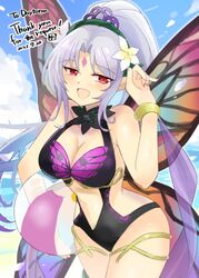  ball bare_shoulders beach beachball black_one-piece_swimsuit breasts cleavage commission fairy fairy_wings female fire_emblem fire_emblem_heroes flower grey_hair hair_flower hair_ornament high_ponytail large_breasts long_hair looking_at_viewer midriff multicolored_hair official_alternate_costume one-piece_swimsuit open_mouth outdoors plumeria_(fire_emblem) plumeria_(summer)_(fire_emblem) pointy_ears ponytail red_eyes skeb_commission smile swimsuit thighs very_long_hair wings yukia_(firstaid0) 