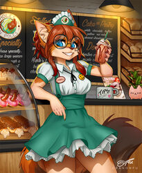  2023 alternative_fashion anthro bakery beverage blue_eyes breasts brown_hair canid canine canis clothed clothing coffee container coyote cup cupcake dessert detailed_background display_case doughnut dragonfu dress eyewear female fluffy fluffy_tail food food_fetish fully_clothed glasses hair hat headgear headwear hi_res holes_n_poles humor inner_ear_fluff inside j-fashion lolita_(fashion) looking_at_viewer mammal maple_flake meat menu_board mug name_tag pastry plant pun sausage smile solo suggestive suggestive_food tail teeth tuft uniform visual_pun 