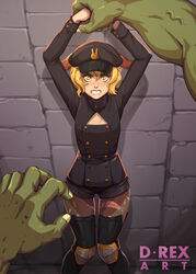  1boy angry animal_ears arms_up artist_name black_headwear black_jacket black_legwear black_shorts blonde_hair blush boots breasts brit_(d-rex) brown_legwear buttons cleavage_cutout clenched_teeth clothing_cutout colored_skin commentary d-rex double-breasted english_commentary female green_skin hat highres indoors jacket knees_together_feet_apart original out_of_frame pantyhose rabbit_ears restrained short_hair shorts solo_focus stone_wall teeth thigh_boots thighhighs torn_clothes torn_pantyhose wall yellow_eyes 