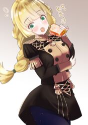  :o black_jacket black_skirt blonde_hair blue_pantyhose blush breasts commentary cowboy_shot female fire_emblem fire_emblem:_three_houses food garreg_mach_monastery_uniform gradient_background green_eyes grey_background hand_up highres holding holding_food ingrid_brandl_galatea jacket long_hair long_sleeves looking_at_viewer medium_breasts miniskirt open_mouth pantyhose sandwich shibaame skirt skirt_set solo standing translated 