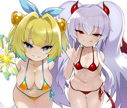  +_+ 2girls bad_id bad_twitter_id bare_shoulders bikini blonde_hair blue_eyes blue_hair blue_ribbon blush bombergirl breasts cleavage collarbone commentary_request demon_girl demon_horns demon_tail demon_wings fuse_tail grenade_hair_ornament grim_aloe grin hair_ribbon highres horns large_breasts leaning_forward lit_fuse long_hair looking_at_viewer multicolored_hair multiple_girls panties pine_(bombergirl) quiz_magic_academy_the_world_evolve red_bikini red_eyes red_horns red_tail red_wings ribbon shimejinameko short_hair simple_background small_breasts smile swimsuit symbol-shaped_pupils tail twintails two-tone_hair underwear white_hair wings yellow_bikini yellow_pupils 