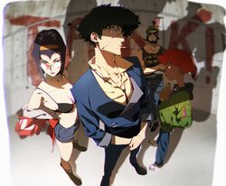  3boys against_wall bare_shoulders batman_symbol beard black_bra black_hair blue_hair blue_suit bra breasts canine cigarette collarbone collared_shirt cowboy_bebop denim denim_shorts edward_wong_hau_pepelu_tivrusky_iv ein_(cowboy_bebop) english_commentary facial_hair faye_valentine female fisheye formal goggles goggles_around_neck green_eyes green_headwear hairband highres hood hooded_jacket il_kwang_kim jacket jeans jet_black leaning_back lipstick looking_at_viewer loose_necktie makeup multiple_boys muscular muscular_male necktie orange_hair pants red_jacket red_lips round_eyewear shirt shoes short_hair short_shorts shorts small_breasts smoking sneakers spike_spiegel standing suit sunglasses tank_top underwear v_arms yellow_shirt 