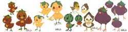  2014 absurd_res ambiguous_gender avian beak bird elemental_creature feathered_wings feathers flora_fauna food food_creature fruit gesture green_eyes group hand_gesture hi_res koki long_image looking_at_viewer melon plant purple_body red_body simple_background smile standing thumbs_up watermelon white_background wide_image wings yellow_body 