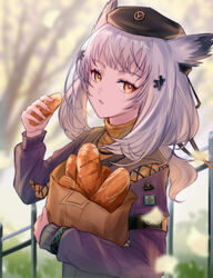  arknights armband bag baguette black_hat blurry blurry_background bread commentary day eating expressionless eyelashes female food grey_hair hair_ornament haku_wi hat highres holding holding_bag holding_food looking_at_viewer medium_hair official_alternate_costume orange_eyes orange_sweater outdoors owl_ears paper_bag parted_lips ptilopsis_(arknights) ptilopsis_(serenity)_(arknights) purple_sweater railing rhine_lab_logo ribbed_sweater shopping solo sweater tree turtleneck turtleneck_sweater upper_body wristband 