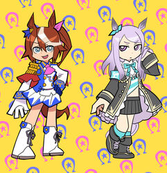  2girls animal_ears ankle_boots armband ascot asymmetrical_gloves black_coat black_footwear black_skirt blue_eyes blue_gloves blue_jacket blue_skirt boots bow bowtie brown_hair buttons capelet coat commentary cross-laced_footwear double-breasted ear_piercing english_commentary epaulettes frilled_coat frilled_shirt_collar frilled_sleeves frills gloves gold_trim green_bow hair_flaps hairbow high_ponytail horse_ears horse_girl horse_tail horseshoe_print hotsaurus jacket knee_boots lace-up_boots light_brown_hair long_hair long_sleeves looking_at_viewer mejiro_mcqueen_(umamusume) midriff miniskirt mismatched_gloves multicolored_clothes multicolored_hair multicolored_jacket multiple_girls panty_&amp;_stocking_with_garterbelt parody piercing pink_ascot pink_bow pink_headwear pleated_skirt purple_eyes purple_hair red_capelet single_epaulette skirt streaked_hair style_parody tail thick_eyebrows tokai_teio_(umamusume) two-tone_hair two-tone_jacket two-tone_skirt umamusume white_footwear white_gloves white_jacket white_skirt yellow_background 