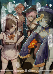  4girls apron bags_under_eyes black_hair blue_eyes braid brown_hair chains chen_zi chinese_clothes chinese_commentary cleavage_cutout closed_eyes clothing_cutout collar colored_skin commentary_request detached_sleeves green_skin hair_over_one_eye halloween halloween_costume happy_halloween hat highres jack-o&#039;-lantern jiangshi jiangshi_costume licking_lips long_hair looking_at_viewer maid maid_apron maid_headdress metal_collar multiple_girls mummy_costume no_panties oerba_yun_fang off_shoulder ofuda orange_hair original outstretched_arms pink_hair qingdai_guanmao red_eyes skindentation sleeves_past_wrists speech_bubble stitches stocks thighhighs tongue tongue_out translation_request witch witch_hat yellow_eyes zombie_pose 