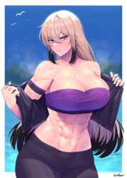  abs absurdres armband bandeau biceps bird black_armband black_hair black_leggings blonde_hair bra breasts buttslayer cleavage closed_mouth collarbone colored_tips commission cowboy_shot cowlick cropped_jacket crossed_bangs female frown hair_between_eyes half-closed_eyes highres jacket large_breasts leggings long_hair looking_at_viewer multicolored_hair muscular muscular_female navel obliques ocean open_clothes open_jacket original outdoors outside_border purple_hair scowl seagull serious sidelocks signature solo standing stomach strapless strapless_bra tube_top underwear undressing very_long_hair wet 