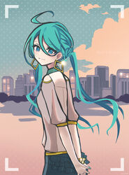  ahoge aqua_eyes aqua_hair aqua_nails arms_behind_back blue_skirt brown_shirt building city cityscape clothing_cutout cloud earrings female from_behind glint hatsune_miku heart_a_la_mode_(vocaloid) highres jewelry long_hair looking_at_viewer looking_back low_twintails monitaros_393 nail_polish outdoors own_hands_together polka_dot polka_dot_background scrunchie shirt shoulder_cutout skirt smile solo song_name sparkle twilight twintails viewfinder vocaloid wrist_scrunchie 