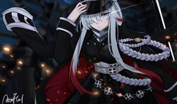  absurdres armor armored_skirt arnold_fland azur_lane black_coat black_headwear black_skirt blue_eyes breastplate coat coat_on_shoulders cross female hair_over_one_eye hat highres iron_cross military_hat multicolored_hair odin_(azur_lane) open_clothes open_coat padded_coat peaked_cap red_hair short_hair_with_long_locks signature skirt streaked_hair two-tone_hair white_hair 