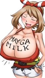  asortofcolorfag belt breasts cleavage closed_eyes colorized english_text female grey_background huge_breasts large_breasts matsu-sensei may_(pokemon) mega_milk meme open_mouth pokemon pokemon_oras pun shorts smile solo tank_top utility_belt 