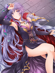  arm_up armpits bare_shoulders black_dress blush braid breasts bridal_gauntlets cape cleavage cloak dress female fire_emblem fire_emblem:_genealogy_of_the_holy_war fire_emblem_heroes flower hair_flower hair_ornament highres ishtar_(fire_emblem) ishtar_(fire_emblem)_(echoing_thunder) kei_(asufend) long_hair looking_at_viewer lying medium_breasts official_alternate_costume on_floor purple_eyes red_cape side_slit sleeveless sleeveless_dress solo stone_floor very_long_hair 