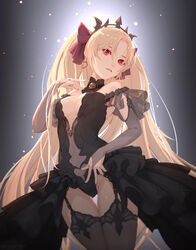  alternate_costume black_dress blonde_hair breasts chinese_commentary commentary_request dress earrings ereshkigal_(fate) fate/grand_order fate_(series) female hair_ribbon hoop_earrings jewelry long_hair looking_at_viewer medium_breasts parted_bangs parted_lips red_eyes ribbon solo tenshin_kagehisa tiara two_side_up 