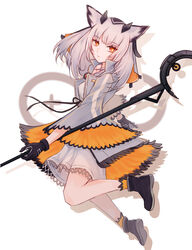  arknights bare_legs black_footwear black_gloves boots breasts closed_mouth commentary dress english_commentary expressionless feather_trim female full_body gloves grey_hair haku_wi highres holding holding_staff jacket jumping looking_at_viewer medium_breasts medium_hair open_clothes open_jacket orange_eyes owl_ears ptilopsis_(arknights) rhine_lab_logo simple_background solo staff thighs veil white_background white_dress white_jacket wide_sleeves 