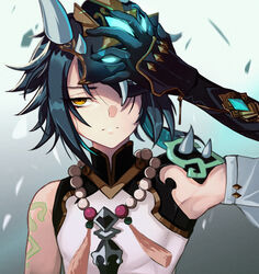  1boy arm_guards arm_tattoo bare_shoulders bead_necklace beads black_hair closed_mouth detached_sleeves genshin_impact gloves green_gloves green_hair highres holding holding_mask jewelry lessone long_hair looking_at_viewer male_focus mask multicolored_hair necklace one_eye_covered shoulder_pads shoulder_spikes simple_background sleeveless solo spikes tassel tattoo vision_(genshin_impact) xiao_(genshin_impact) yellow_eyes 