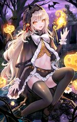  :d absurdres black_skirt black_thighhighs blonde_hair bow bowtie buttons capelet crop_top female fire frilled_skirt frills halloween hand_up highres jack-o&#039;-lantern long_hair long_sleeves looking_at_viewer midriff miniskirt mole mole_under_mouth navel oerba_yun_fang open_mouth orange_eyes orange_shirt original raku_(clearpage) shirt sitting skirt smile solo stomach thighhighs thighs veil very_long_hair zettai_ryouiki 