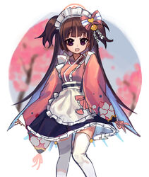  absurdres apron bad_id bad_pixiv_id bell blue_archive bow brown_hair dress female floral_print frilled_dress frilled_kimono frills hair_ornament hairbow highres hime_cut japanese_clothes jingle_bell kimono long_hair looking_at_viewer maid_apron maid_headdress open_mouth petticoat pink_bow plus_no_p print_kimono purple_eyes ribbon shizuko_(blue_archive) smile solo waist_apron white_bow 