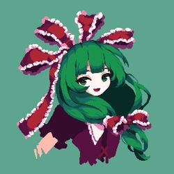  4qw5 :d blunt_bangs commentary cropped_torso english_commentary female frilled_ribbon frills front_ponytail green_background green_eyes green_hair hair_ribbon highres kagiyama_hina long_hair looking_at_viewer open_mouth pixel_art red_ribbon ribbon short_sleeves simple_background smile solo touhou 