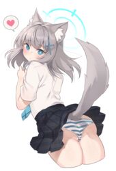  animal_ear_fluff animal_ears ass bad_id bad_pixiv_id black_skirt blue_archive blue_eyes blue_necktie blush cat_tail closed_mouth clothes_lift commentary cropped_legs cross_hair_ornament earrings extra_ears female from_behind goyain grey_hair hair_ornament halo heart highres jewelry lifted_by_tail looking_at_viewer looking_back medium_hair mismatched_pupils necktie panties pleated_skirt school_uniform shiroko_(blue_archive) shirt simple_background skirt skirt_lift solo speech_bubble spoken_heart striped_clothes striped_panties tail tail_raised underwear white_background white_shirt wolf_ears wolf_tail 