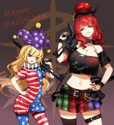  2girls american_flag assault_rifle black_shirt blonde_hair breasts cleavage clothes_writing clownpiece contrapposto covered_navel cowboy_shot crop_top crop_top_overhang dress fairy fairy_wings frilled_shirt_collar frills gun h&amp;k_g36 hair_between_eyes hat hecatia_lapislazuli highres jester_cap leggings long_hair midriff multiple_girls navel neck_ruff off-shoulder_shirt off_shoulder pants pantyhose pink_eyes polka_dot raptor7 red_eyes red_hair rifle shirt stomach touhou very_long_hair weapon wings 