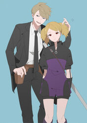  1boy arms_at_sides black_gloves black_jacket black_necktie black_pants blonde_hair blue_background blue_eyes boots breast_pocket closed_mouth collared_shirt commentary_request expressionless feet_out_of_frame female formal frown gloves half-closed_eyes hand_up height_difference highres holster inukai_sumiharu jacket kako_squad&#039;s_uniform kuroe_futaba looking_at_viewer md5_mismatch necktie ninomiya_squad&#039;s_uniform o-ring open_clothes open_jacket pants parted_lips photoshop_(medium) pocket red_eyes ruffling_hair shirt short_hair short_jumpsuit short_sleeves short_twintails simple_background smile standing suit swept_bangs sword twintails uniform weapon weapon_on_back white_shirt world_trigger yawai_tofu 