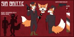  2:1 anthro black_nose canid canine chiappa_rhino clothing dark_eyes english_text fancy_clothing fluffy fluffy_tail fox front_view fur hat headgear headwear height_comparison looking_at_viewer looking_back male mammal model_sheet orange_body orange_fur rear_view red_eyes sir_britte softbitez solo tail text top_hat white_body white_fur 