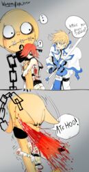  1boy a.b.a bad_deviantart_id bad_id bandages blonde_hair blood english_text female guilty_gear guilty_gear_xx highres key key_in_head ky_kiske object_through_head paracelsus_(guilty_gear) red_hair short_hair sneezing speech_bubble vampireknife777 