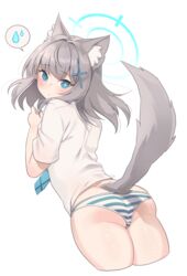  animal_ear_fluff animal_ears ass bad_id bad_pixiv_id blue_archive blue_eyes blue_necktie blush cat_tail closed_mouth commentary cropped_legs cross_hair_ornament earrings extra_ears female from_behind goyain grey_hair hair_ornament heart highres jewelry looking_at_viewer looking_back medium_hair mismatched_pupils necktie no_pants panties school_uniform shiroko_(blue_archive) shirt simple_background solo speech_bubble spoken_heart striped_clothes striped_panties tail underwear white_background white_shirt wolf_ears wolf_tail 