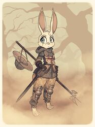  2023 anthro armor barefoot blue_eyes clothing crusader ears_up eye_scar eyelashes facial_scar feet female female_(lore) forest full-length_portrait fur hat headgear headwear hi_res holding_melee_weapon holding_object holding_polearm holding_spear holding_weapon knight knight_armor knight_helmet lagomorph leporid looking_at_viewer mammal melee_weapon plant polearm portrait rabbit rapscallion scar scar_on_face solo spear standing thick_thighs tree warrior weapon white_body white_fur wide_hips 