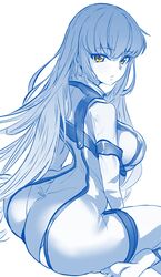  absurdres ass barefoot blue_theme bodysuit breasts c.c. closed_mouth code_geass commentary female from_side highres large_breasts long_hair looking_at_viewer looking_to_the_side metsu_end monochrome simple_background sitting soles solo straitjacket torn_clothes very_long_hair wardrobe_malfunction wariza white_background yellow_eyes 